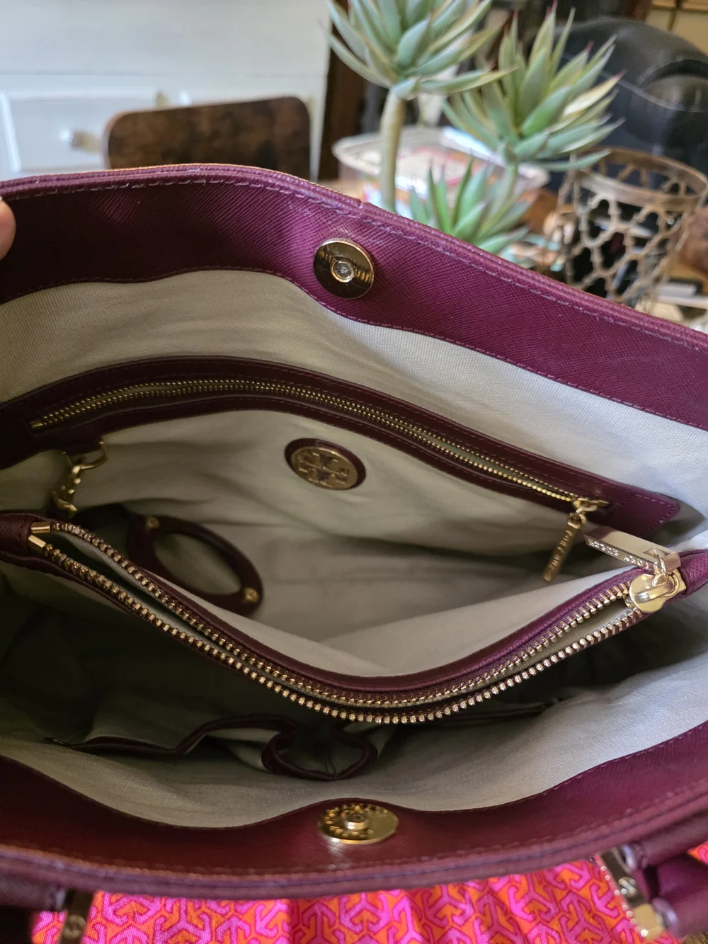 Tory Burch Plum Leather Double-Handle Tote with Gold Logo